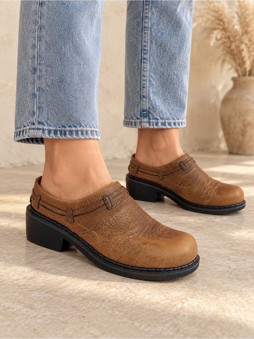 Roper Brown Leather Mule Clogs with Low Block Heel